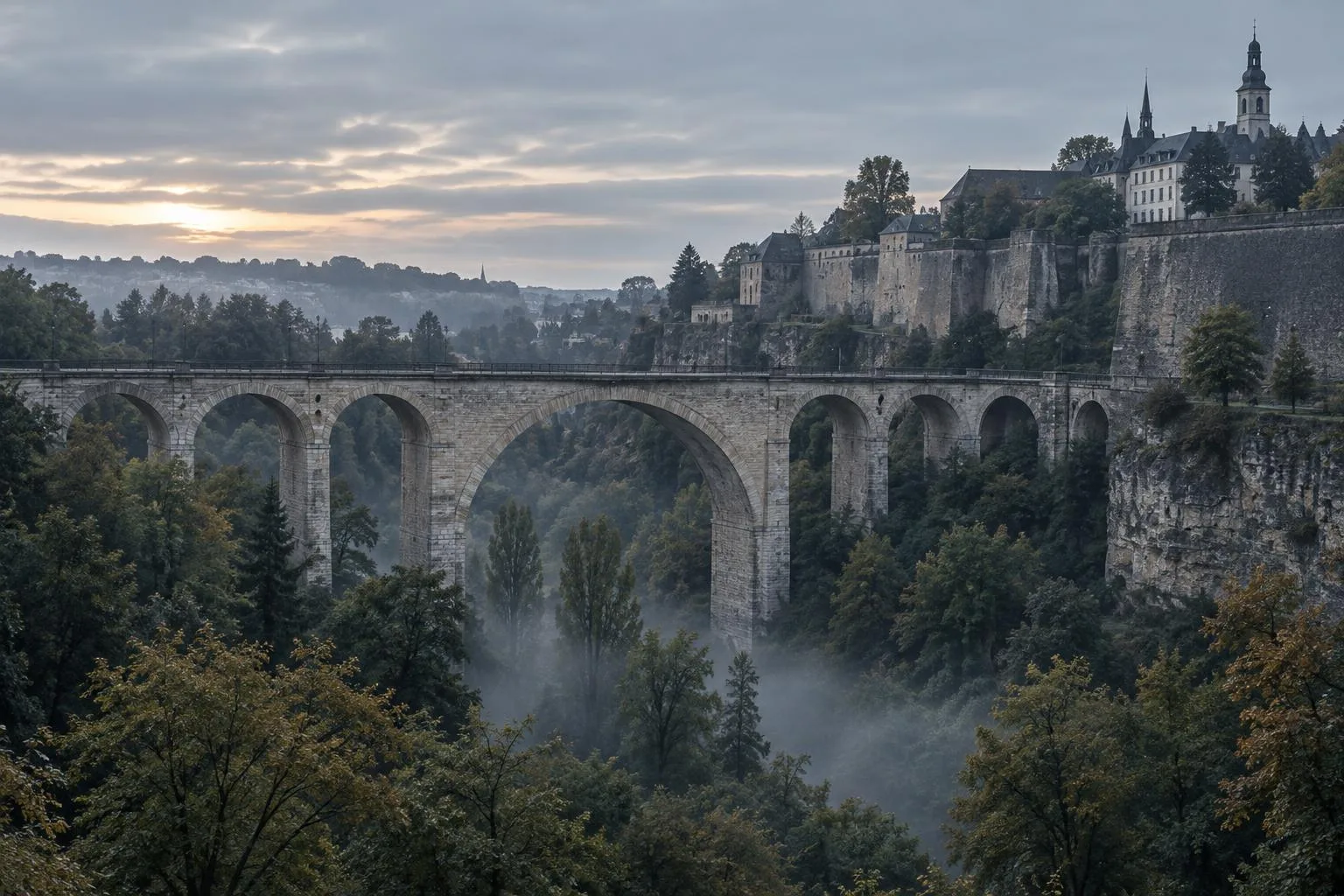 A stone viaduct crossing the gorge in Luxembourg City at first light